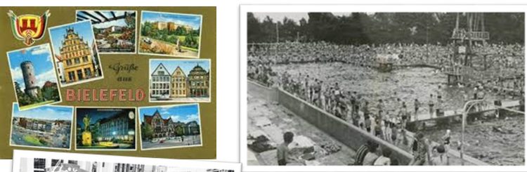 Zwei alte Postkarten aus Bielefeld mit Motiven aus der Stadt un dem vollen Wiesenbad (Freibad)