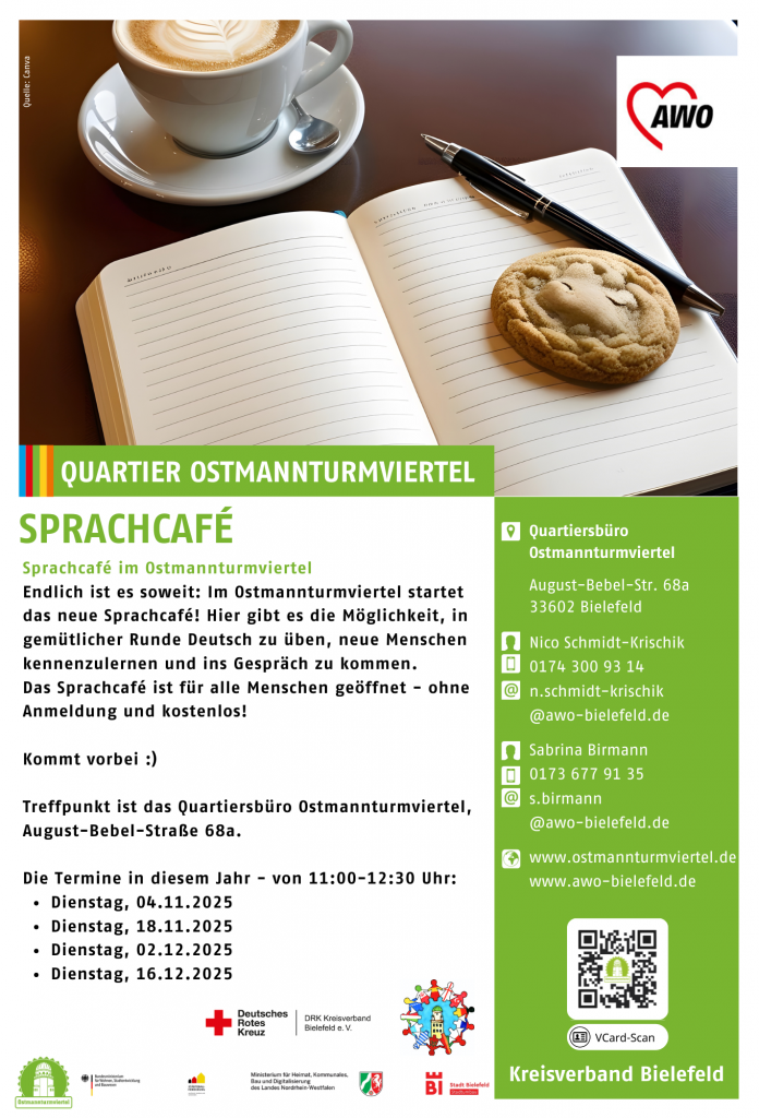 Sprachcafé im Ostmannturmviertel: Gemeinsam Deutsch sprechen, neue Leute treffen – kostenlos & offen für alle! Immer dienstags im Quartiersbüro.